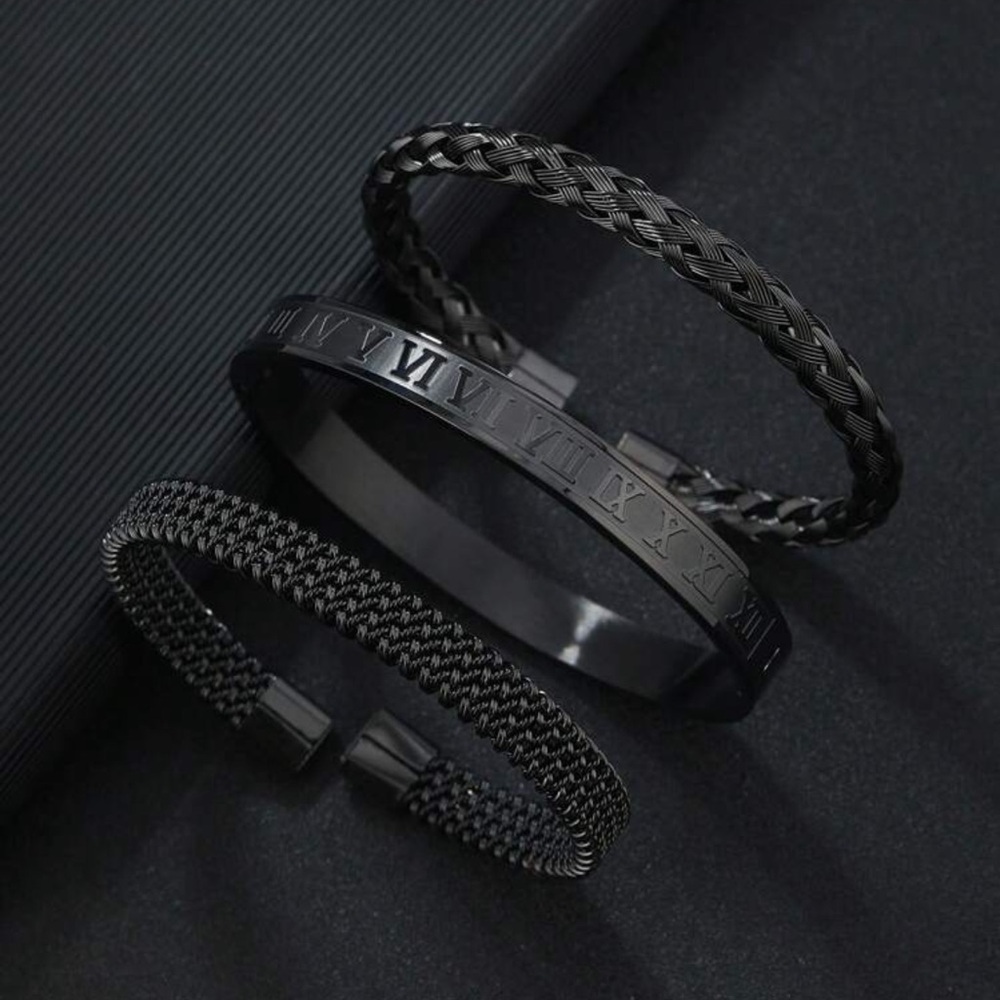 3pcs/Set Stylish Stainless Steel Roman Word Twist Weave Crosshatch Bracelet Set